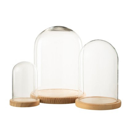 Cloche décorative socle bois beige en verre transparent 23x23x29 cm